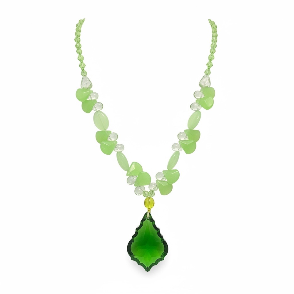 Green Glass Teardrop Pendant Necklace - Women Jewelry